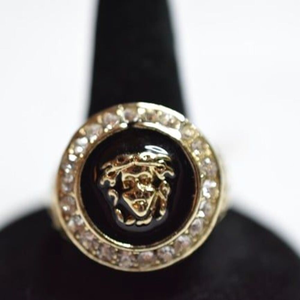 Face Of Medusa Black Framed With Rhinestones Gold Tone Sizes 7, 10 &11 Rings